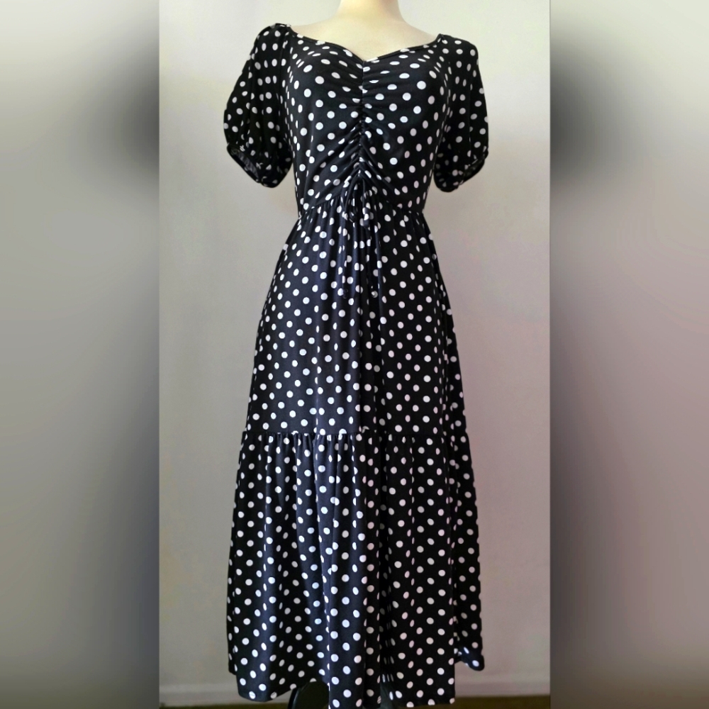 Caution To The Wind Black and White Ruffled Tie Front Midi Dress Polka Dots